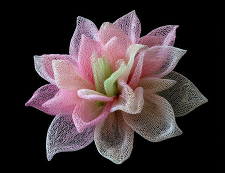 This image showcases a close-up of a multi-layered flower against a stark black backdrop. The petals display a gradient of pink, white, and green hues, with a textured, net-like appearance. The composition emphasizes the flower's intricate design, potentially suitable for various decorative or design applications.の素材