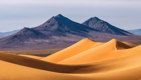 The image showcases a desert landscape dominated by golden sand dunes in the foreground and towering mountains in the background. The scene is bathed in daylight, with a clear sky above. This natural environment picture could be used for various projects, including editorial, or commercial applications to illustrate the beauty of nature.の素材