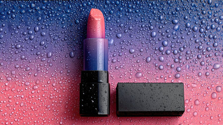 A close-up studio shot features a lipstick with its cap on a textured background covered in water droplets. The lipstick displays a range of colors, while the background showcases pink and blue gradients. The lighting highlights the product, ideal for beauty, fashion, or cosmetic advertising campaigns.の素材