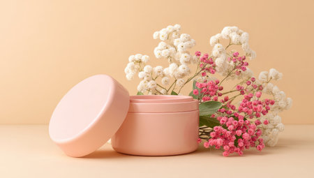 An open cosmetic jar sits beside pink and white flowers on a neutral surface. The image showcases a soft, diffused lighting with a shallow depth of field, highlighting the container and floral arrangement. This image could be used for advertising beauty products or creating content for the skincare industry.の素材