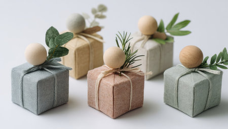 Five decorative gift boxes sit arranged on a white backdrop. Each box, in varying pastel hues, is topped with a wooden sphere and accented with sprigs of greenery. The soft lighting highlights the texture of the wrapping and the simplicity of the composition. Ideal for use in projects related to celebration or giving.の素材