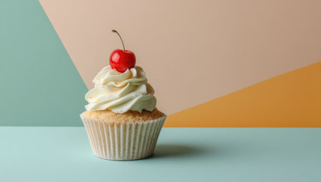 A single cupcake is centered against a backdrop of soft colors. The dessert features a swirl of white cream, topped with a bright red cherry. The composition is well-lit, highlighting the textures and colors. This image is suitable for various commercial uses, including advertising and food-related content.の素材