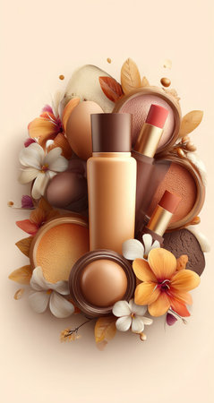 An assortment of cosmetic products is artfully arranged with floral elements. The composition features a neutral color palette with shades of beige, brown, and hints of orange. The studio lighting enhances the textures of the items. Suitable for beauty product promotion and design applications.の素材