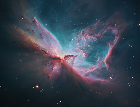 An image captures a celestial nebula, a cloud of gas and dust. The artwork showcases a composition of swirling colors, primarily blues, pinks, and purples, suggesting a cosmic environment. The textures appear wispy and textured with bright points of light. This image would be suitable for various uses including editorial and design projects.の素材