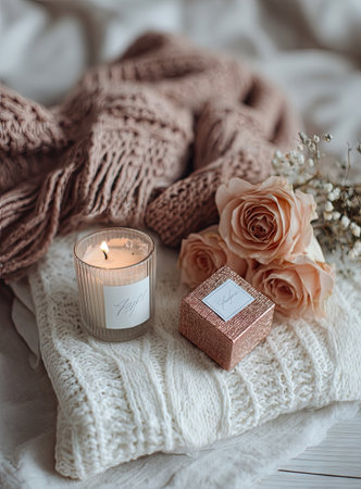 A warm, inviting scene features a lit candle in a glass holder, placed on a white knitted surface. Soft pink roses and a small square box complement the composition. The lighting appears natural, casting gentle shadows. This image is suitable for lifestyle, home decor, and general background usage.の素材