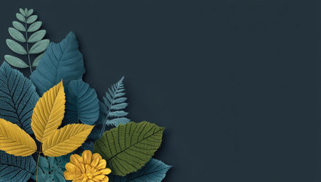 An artistic arrangement of various leaves with multiple textures are showcased against a dark backdrop. The composition features diverse shades of green and yellow, with detailed veins and edges. The lighting enhances the three-dimensional appearance of the foliage, suitable for decorative and design applications.の素材