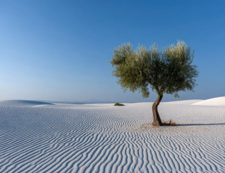 An olive tree stands alone in a desert landscape against a clear blue sky. The composition features rhythmic patterns in the sand dunes, with the tree as the focal point. The image showcases a natural outdoor setting, with potential uses in environmental or travel-related publications.の素材