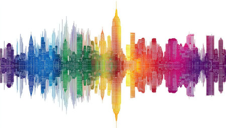 An illustration depicts a vibrant city skyline rendered in a spectrum of colors, mirroring a sound wave pattern. The composition features a symmetrical reflection against a clean, white backdrop, highlighting the dynamic visual effect. Suitable for diverse applications, it can be used for design, advertising, and editorial contexts.の素材