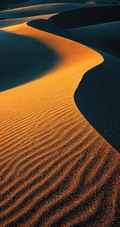 The image showcases the undulating curves of desert sand dunes under a dramatic sky. The scene is dominated by warm orange and golden hues, suggesting a sunset or sunrise. The textures and shadows emphasize the forms of the landscape. Suitable for various uses, this image could be applied in many commercial projects.の素材