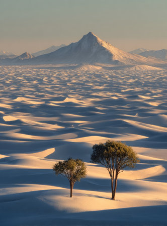Two trees stand in a desert landscape with undulating sand dunes. A large mountain dominates the background under a pale sky. The scene features warm and cool tones, with soft lighting and an expansive composition, suitable for travel, nature, or environmental themes. Ideal for various commercial uses.の素材
