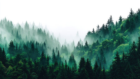 An aerial view presents a dense forest landscape. The scene features multiple evergreen trees shrouded in fog, creating a moody atmosphere. The composition is primarily green and white, with the fog partially obscuring the trees. This image can be used for various commercial projects related to nature, environment, or travel.の素材