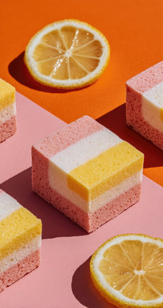 This image showcases brightly colored layered desserts alongside fresh lemon slices. The composition features a geometric design with bold orange and pink backgrounds. The lighting is bright, casting shadows, and the overall style is clean. This visual could be utilized for various commercial and editorial projects.の素材