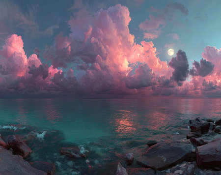 A scenic view shows colorful clouds reflected in calm water. The composition highlights a vibrant sky with pink and blue hues. Gentle lighting suggests a setting near dusk or dawn. This image is suitable for various commercial uses, including artistic prints and website backgrounds.の素材