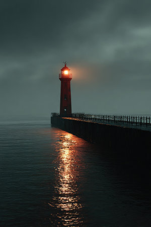 A tall lighthouse stands at the end of a long pier, its light illuminating the surrounding ocean. The scene is dominated by cool tones and a moody atmosphere with overcast skies and calm water. This image could be used for various commercial projects related to navigation, coastal themes, or artistic expression.の素材