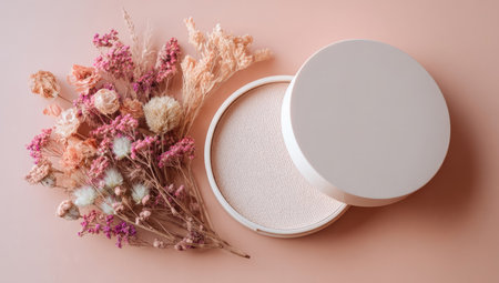 A beauty product compact is displayed with an open lid, next to a collection of dried flowers. The composition showcases a soft, pastel color palette with a focus on delicate textures and natural light. This image is suitable for use in cosmetic promotions, beauty blogs, or general lifestyle content.の素材