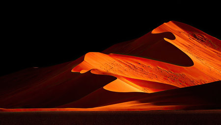 An image showcases a large sand dune illuminated with warm orange hues against a dark background, likely at sunset. The composition highlights the textured surface of the sand and its curved formations. The lighting creates a dramatic contrast. Suitable for editorial and commercial applications.の素材