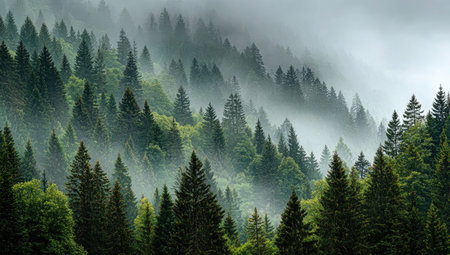 A panoramic view of a dense forest scene shrouded in fog. Numerous evergreen trees populate the hillside, showcasing varying shades of green. The atmospheric conditions create a moody, textured appearance with muted colors and soft lighting, suitable for various editorial and commercial applications.の素材