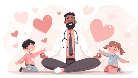 An illustration depicts a doctor meditating with children, all encircled by heart shapes. Soft pastel colors and a flat design style characterize the artwork. This image could be suitable for healthcare materials, educational content, or designs related to children's well-being and health.の素材