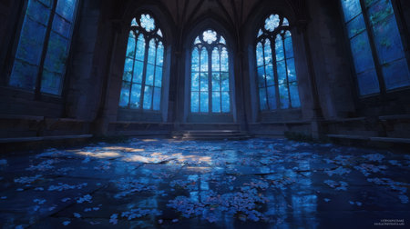 An interior shot showcases gothic architecture with tall arched windows. The scene is illuminated by soft light filtering through the windows, creating dramatic shadows and highlighting the details. The composition evokes a sense of mystery and history. Suitable for use in visual storytelling and conceptual projects.の素材
