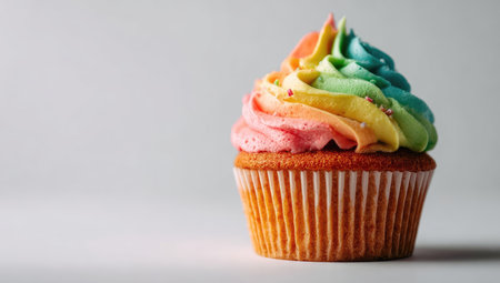 A single cupcake is the central subject, topped with swirled colorful frosting. The baked treat sits against a simple, pale backdrop, with soft lighting illuminating its details. This image showcases a dessert, making it suitable for food blogs, recipe websites, or general culinary promotions.の素材