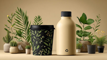 A reusable bottle and cup sit amidst vibrant green plants against a soft, neutral backdrop. The composition features a mix of textures and forms, with detailed leaves and varying tones of beige and black. This image suggests themes of sustainability and environment, useful for illustrating eco-conscious products.の素材