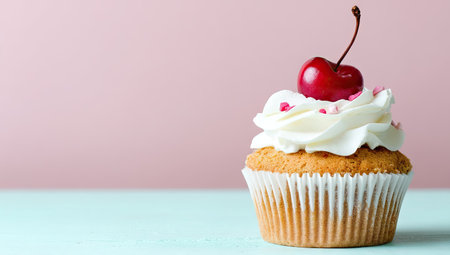 A single cupcake is the central subject, topped with white whipped cream and a red cherry. The dessert sits on a light blue surface against a pink background. The image has soft lighting and a focus on the cupcake's details. Suitable for use in culinary, food-related, or lifestyle-themed publications.の素材