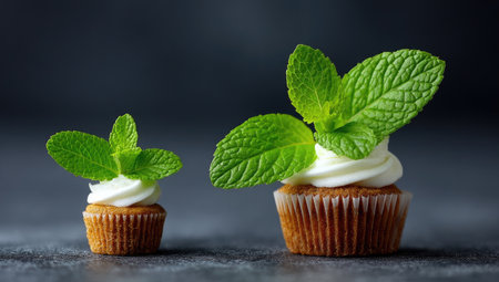 Two cupcakes, featuring white frosting and vibrant green mint leaves, are presented against a dark, contrasting backdrop. The image showcases natural lighting, emphasizing the textures and colors of the food. It is suitable for culinary promotions, food blogs, or editorial content related to baking and desserts.の素材