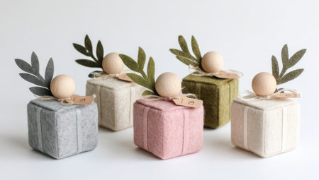 Five colorful gift boxes are arranged against a clean white backdrop. Each box features a wooden egg and decorative green leaves. The boxes showcase varied pastel hues and textures. The overall composition suggests a theme suitable for celebrations or promotional content.の素材