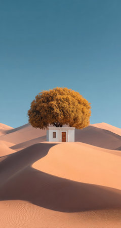 A small white house, its roof supporting a large, round tree, stands atop a desert dune. Warm, sandy tones dominate the scene, contrasted by a clear blue sky. The composition emphasizes isolation and surrealism, suitable for artistic, conceptual, or illustrative purposes. The image is ideal for use in design, editorial, and marketing materials.の素材