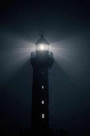 A tall lighthouse stands prominent against a dark background, its powerful beam of light piercing the enveloping shadows. The image showcases a vertical composition with a moody atmosphere created by the contrast of light and dark. The scene suggests a coastal environment and could be used in various commercial projects.の素材
