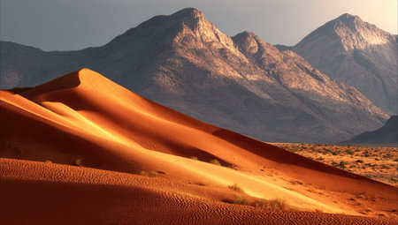 An arid desert scene showcases undulating sand dunes in warm, earthy tones under a clear sky. The landscape features rugged mountains in the background, bathed in natural light. This scenic imagery evokes a sense of vastness and solitude, suitable for editorial and commercial applications.の素材