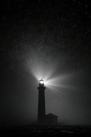 A tall lighthouse stands silhouetted against a dark, starry sky. The beam of light emanating from the structure cuts through a misty atmosphere. The composition features a vertical alignment with a monochromatic palette, suggesting a remote or isolated environment. This image could serve as a visual for articles or marketing materials.の素材