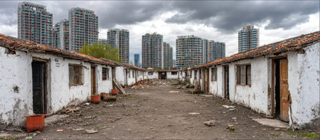 An image captures a row of weathered buildings contrasted with a modern cityscape. The buildings show signs of age, featuring textured white walls and exposed doors. The composition emphasizes a stark contrast in architectural styles. It's suitable for illustrating themes like urban development, poverty, or historical preservation, and can serve diverse commercial uses.の素材