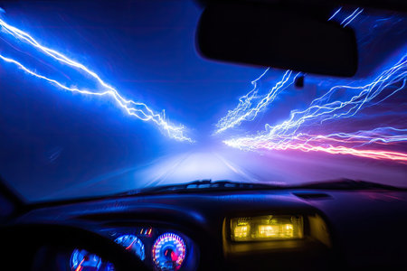 An interior car perspective captures streaks of light against a deep blue sky, suggesting speed and motion. The composition highlights a dashboard and windshield, creating a sense of being inside the vehicle. The lighting creates dynamic, abstract visuals suitable for conceptual or illustrative purposes.の素材