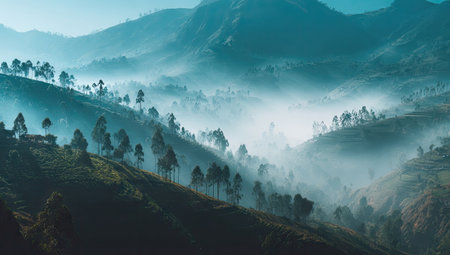 This image depicts a vast mountainous terrain covered in a thick layer of fog. The composition displays rolling hills and valleys with a bluish-green color palette. The scene is illuminated with a soft, diffused light, possibly during the morning or evening hours. This visual could be utilized for various commercial and editorial projects.の素材