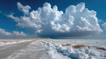 An overhead view reveals a snowy expanse and road under a striking cloud formation. The scene features cool tones, contrasting the blue sky with the white snow and clouds. The image could be used for various commercial projects related to weather, nature, or environmental themes.の素材