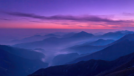 An aerial view presents a stunning mountain range under a vibrant, color-shifting sky. The image features a cool palette of blues and purples, complemented by streaks of pink and orange. Hazy fog fills the valleys, while the composition uses natural light. This scenic landscape would be useful for various commercial and editorial applications.の素材