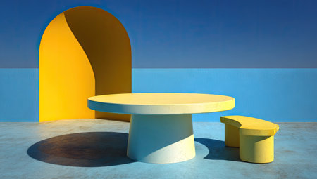A minimalist composition features a yellow table and bench set against a blue backdrop with an arch-shaped opening. The scene is brightly lit, showcasing smooth textures and vivid colors. This setup provides a clean, modern aesthetic suitable for various commercial uses, including product displays or creative backgrounds.の素材