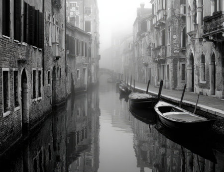 A grayscale image depicts a canal lined with historic buildings. Several boats are moored along the waterway. The scene features detailed architecture, and the water reflects the surroundings. The image could be suitable for travel, editorial content, or historical projects.の素材