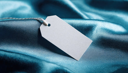 A white tag is attached to a textured piece of blue silk fabric. The image displays a soft, flowing texture of silk, captured with natural lighting. This visual arrangement could be used for product presentations, textile design, or general marketing materials. The smooth surface provides ample copy space for design.の素材