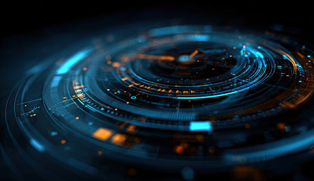 This image showcases a futuristic, abstract composition of interconnected digital elements. Concentric circular forms in shades of blue and orange dominate the view. The image presents a clean, modern aesthetic with a shallow depth of field, suggesting a focus on information and technology. This image could be suitable for various commercial uses related to data and networking.の素材