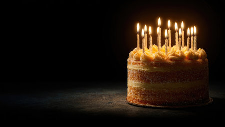A decorated birthday cake is presented with multiple lit candles. The image features warm colors and a soft texture. The cake is the central focus with a dark background. This image could be used for various commercial or editorial purposes, such as celebratory events.の素材