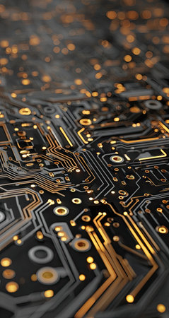 This image showcases a detailed view of a circuit board, featuring intricate lines and glowing elements. The composition utilizes a shallow depth of field, emphasizing the texture and design. Warm orange and gold tones contrast with the dark background. This could be useful for illustrating technology, data processing, or digital innovation.の素材