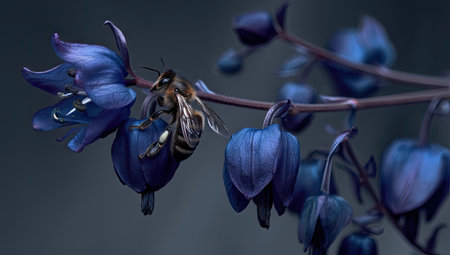A honeybee forages on a cluster of dark blue flowers in this macro photograph. The image presents soft focus with a shallow depth of field, emphasizing the bee and its interaction with the petals. This image evokes feelings of tranquility and could be used for various commercial or editorial applications.の素材