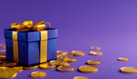 A close-up shot presents a blue gift box adorned with a golden ribbon, surrounded by scattered golden coins. The composition is set against a purple backdrop. The lighting highlights the textures. Suitable for commercial projects. This image could be used for various editorial purposes.の素材