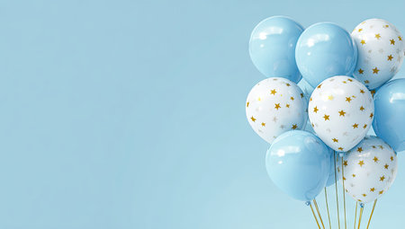 A cluster of blue and white balloons with star patterns is presented against a seamless light blue backdrop. The image utilizes soft lighting, creating a bright and clean aesthetic. This versatile composition could be suitable for various celebratory designs, promotional materials, or general design projects.の素材