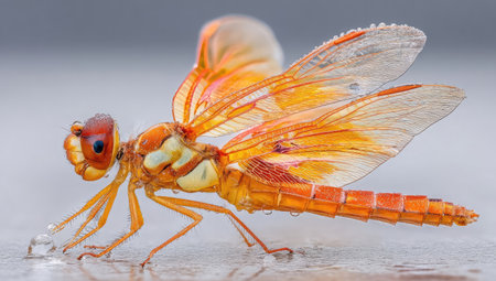 This macro photograph showcases a detailed view of a dragonfly with striking orange and yellow coloration. The image highlights the insect's delicate wings, segmented body, and intricate textures. Soft lighting creates a natural look, suggesting an outdoor environment. Suitable for editorial and commercial applications.の素材
