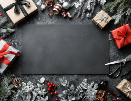 Christmas composition features wrapped gifts, decorative ornaments, and sprigs, all surrounding a large blank space. The scene employs natural lighting, with a high-angle composition. The overall aesthetic is festive, suitable for promotional materials, holiday greetings, and editorial content related to the season.の素材