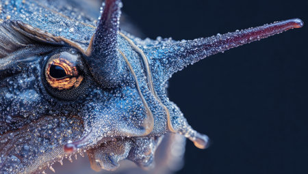 A close-up captures an unusual sea creature exhibiting textured surfaces and spiky protrusions. The image presents cool blue and purple hues, with a focus on detailed structures. The composition emphasizes the creature against a blurred dark backdrop, suggesting a marine environment. Suitable for editorial and creative design applications.の素材