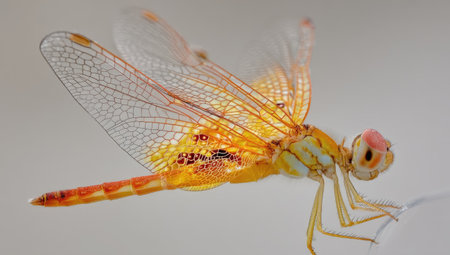A detailed image displays a dragonfly with vibrant yellow and orange tones, set against a plain background. The insect's wings showcase intricate vein patterns, and the lighting highlights its delicate form. Suitable for commercial purposes, this image could be used in editorial content related to nature or biology.の素材